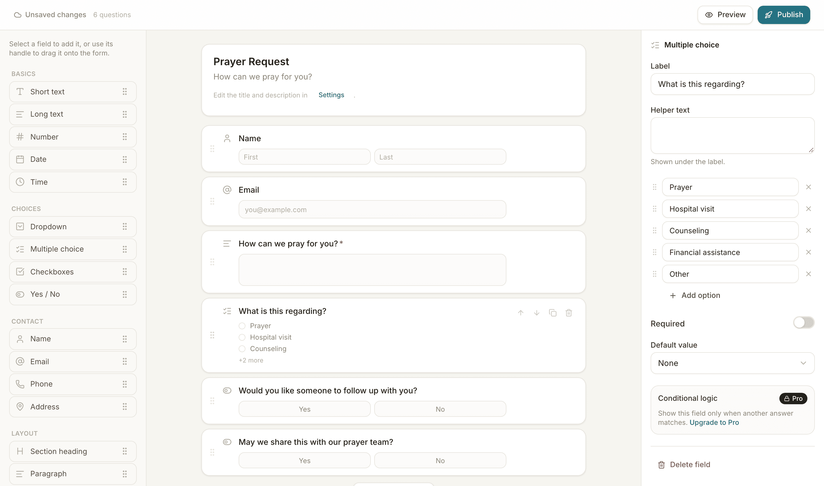 The Forms for Church builder showing fields and settings for a sample Prayer Request template